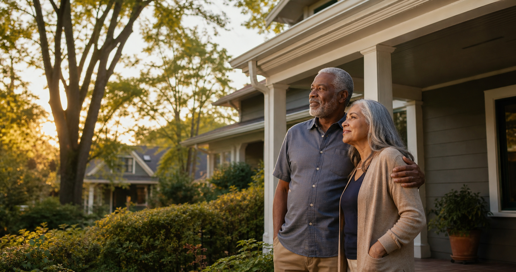 Older homeowners standing together outside their longtime home